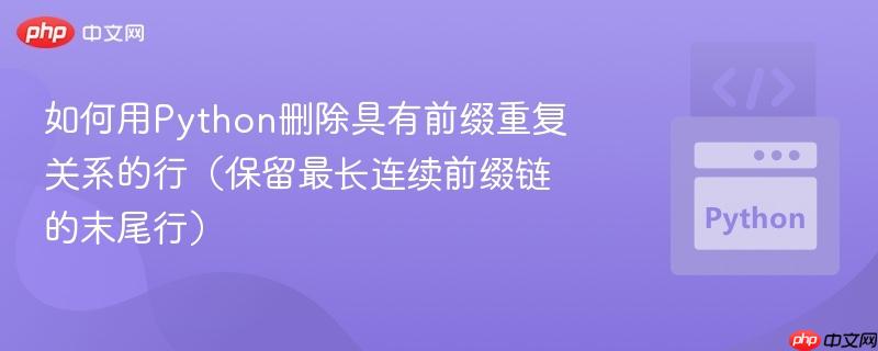 如何用Python删除具有前缀重复关系的行（保留最长连续前缀链的末尾行）